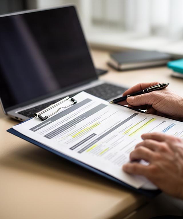 Close view of a compliance adviser checking a small firm's marked-up procedures beside a laptop in a quiet office