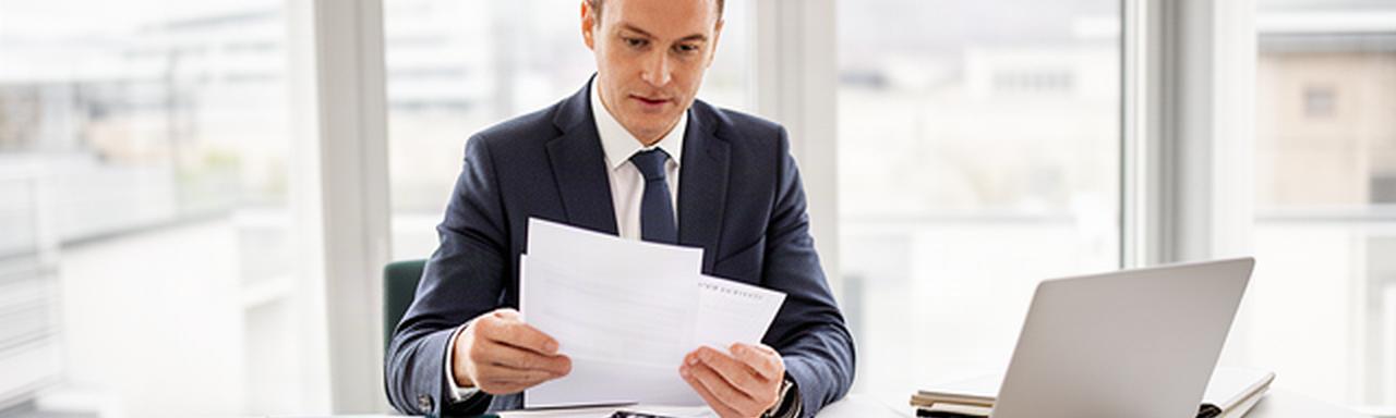 Consultant reviewing business documents at a desk in a bright Northern Ireland office